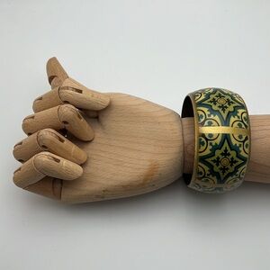 Brass enameled cuff bracelet repetitive pattern w/colorful geometric design CT